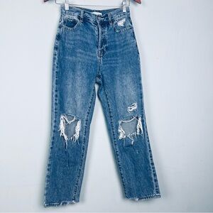 Pacsun Women's High Rise Straight Leg Jeans Blue Distressed Denim Button Sz 25